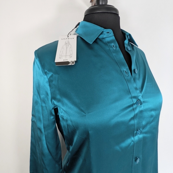 LilySilk teal silk blouse buttondown XS NIB - Picture 3 of 9